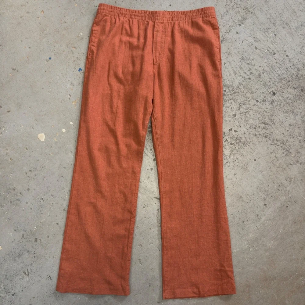HM Mens Loose Fit Linen Blend Trousers Burnt Orange Elastic Waist Size L